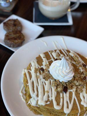 Pumpkin pie pancakes with a side of maple sausage