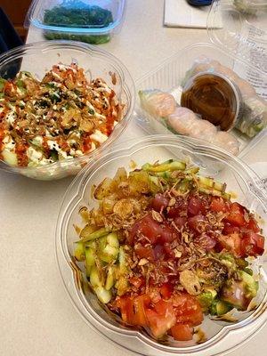 2 Tuna Poké Bowls, Shrimp Summer Rolls with Peanut Dipping Sauce, Side of Green Seaweed Salad.