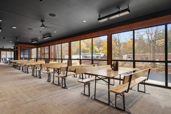 Beer hall patio. Screened and heated, and dog-friendly.