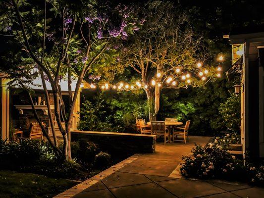 Tustin CA. String lighting or Bistro lighting adds an ambiance to the backyard patio living space