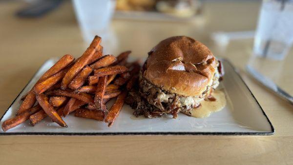 Beef and cheddar with sweet potato fries