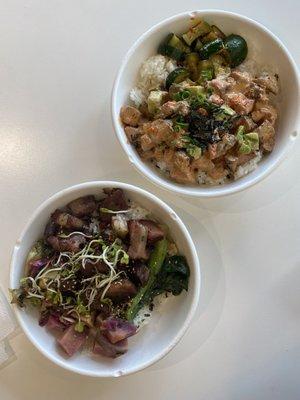 Top - Poke and Strak bowl. Bottom Build your own bowl  with kiawe smoke meat.