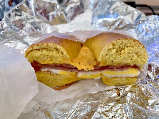 Pork roll, egg, and cheese on an egg bagel