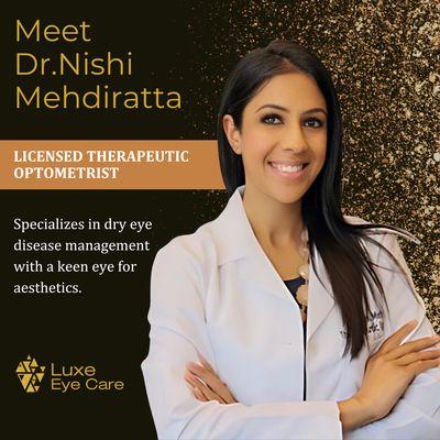 I'm Dr. Nishi, the owner of Luxe Eye Care and a licensed therapeutic optometrist. Thank you for considering Luxe Eye Care!