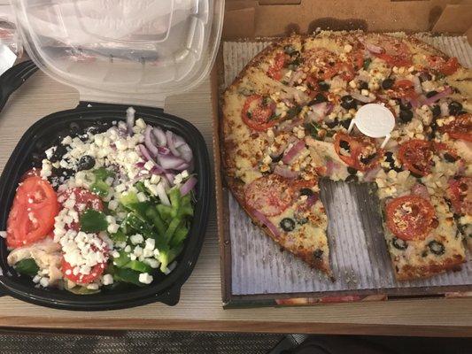 Chicken florentine pizza and small Greek salad.