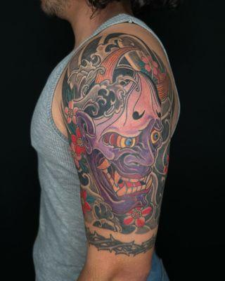 Hannya Mask a half sleeve tattoo by the owner Koji