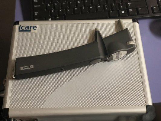 Icare tonometer. No more of the dreaded "puff" to take intra-ocular pressures.