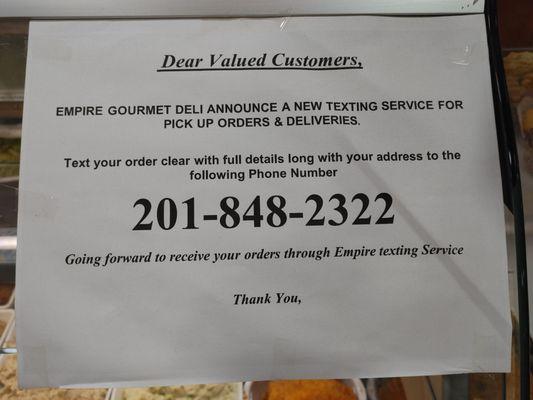 Empire Gourmet Deli's (201) 848-2322 text number is a great feature that will guarantee an accurate order.