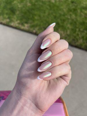 First set at Beauty Studio by Veronika. Mirror Shine Iridescent Base with French Tip.