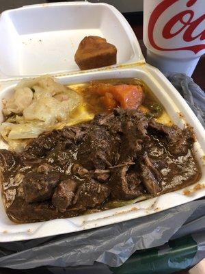 Pepper Steak over rice, yams, cabbage, cornbread with sweet tea. DELICIOUS!!