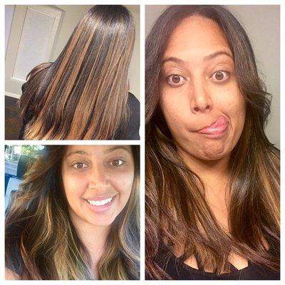 She kept my base color and added highlights, she also straightened my huge curly hair.