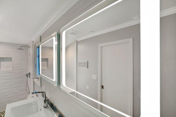 Mirrors with LED lights for one of our clients! We love seeing a vision come to life!