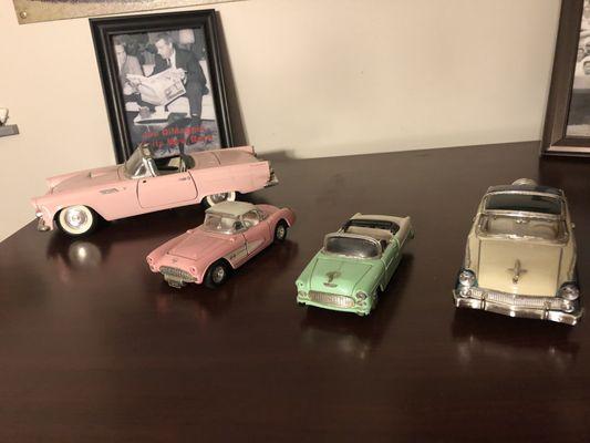 Die cast cars from the 50's are part of the decor.