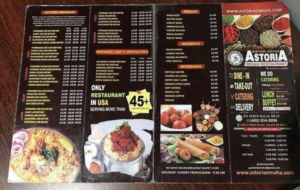 Menu.. great Indian restaurant