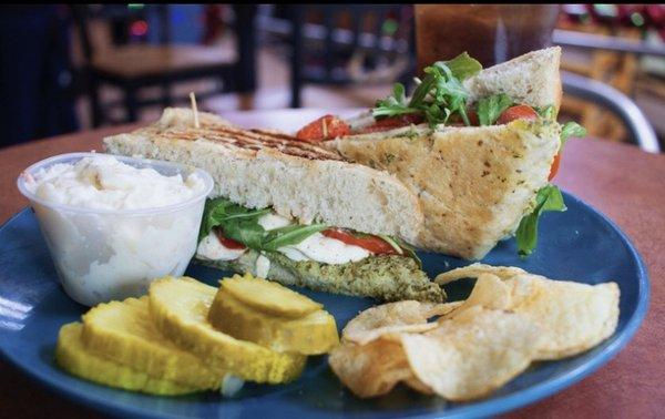 Caprese Panini (Fresh Mozzarella, Roasted Red Pepper, Pesto, and Fresh Arugula on  Focaccia Bread)