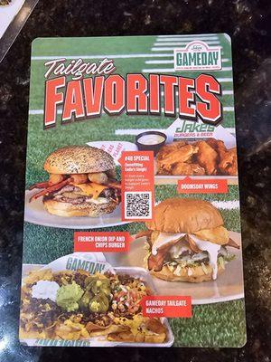 Gameday menu