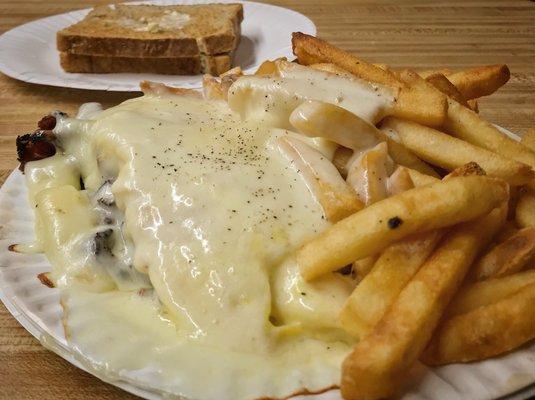 my hangover cure: pastrami and egg platter with mozzarella cheese and fries