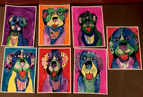 Funky and amazing Dogs created by Myart Carmel 6-8 year old class.