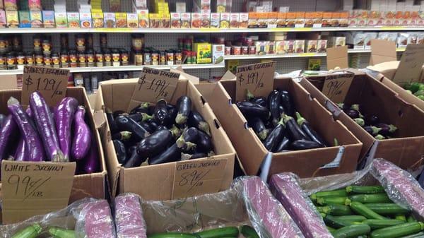 Three of the four aubergine/eggplant varieties available this day - Italian, Chinese and Indian. Japanese one bin to the left.