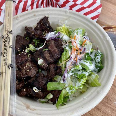 Beef BBQ Bowl (marinated, grilled flank steak over rice with salad)