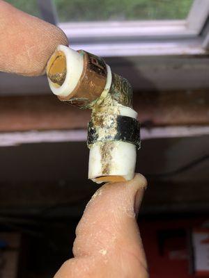 The infamous Zurn QPEX yellow brass fitting.  Thousands of them out there installed in homes.  Is your house on a well or public water?