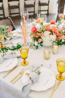 Arezzo flatware, Amber Debutante Goblet, Contessa Plates, and a linen napkin. Always a classic.