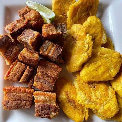 Chicharrónes de Cerdo con Tostones: Fried Pork Belly with Fried Green Plantains