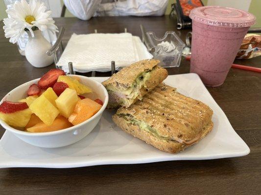 Turkey Avocado Panini and berry smoothie