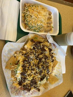 Asada nachos and 5 rolled taquitos