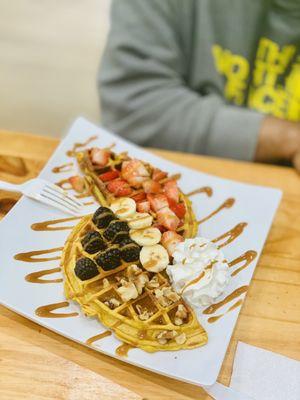 Protein waffles topped with fruits & nuts