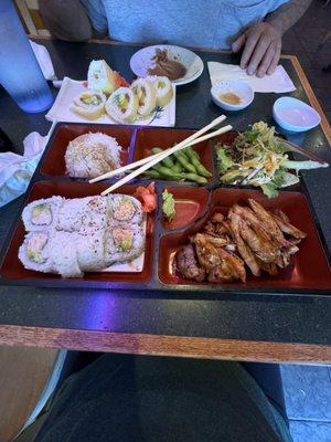 Teriyaki Chicken Bento Box (Chicken Teriyaki, Rice, Salad, California Roll and Edamame.  So much food!!! Yum