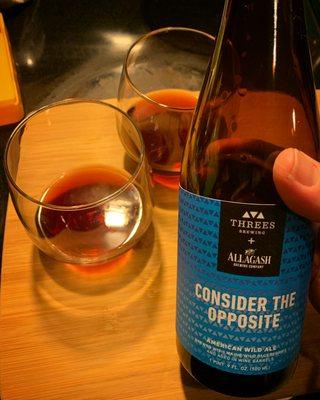 Getting the weekend started with a delicious bottle of Threes Consider the Opposite blueberry wild ale