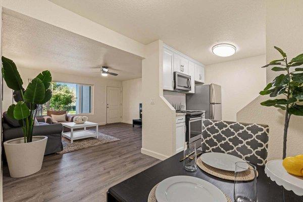 Dining area, kitchen, and living room