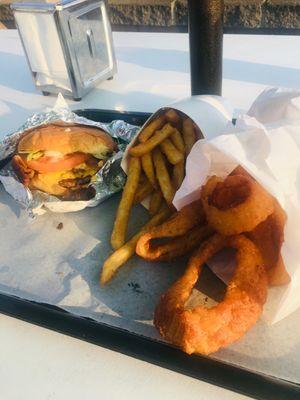 Double Bacon Cheeseburger, Fries, and Onion rings :)