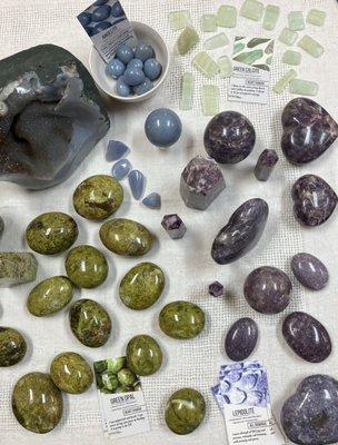 Green Opal and Lepidolite are both wonderful for calming anxiety, soothing a grieving heart and bringing peace and contentment to your life.