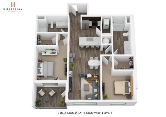 Two Bedroom, Two Bath with Foyer 3D Floorplan