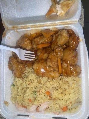 Orange Chicken with shrimp fried rice and a crab Rangoon