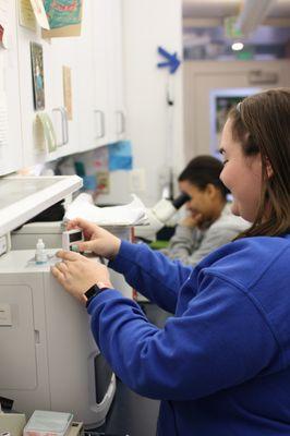 Veterinary Technicians, Aaron and Allison, focusing on in-house labwork.