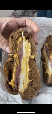 Taylor Ham, Egg & Cheese on a Pumpernickel Bagel.