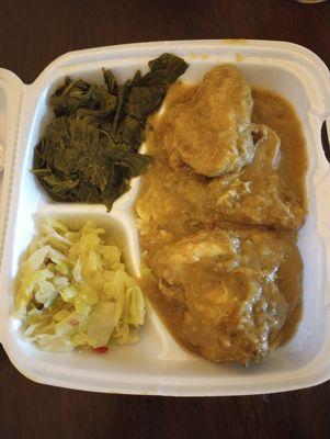 Smothered wings over rice, collard greens and cabbage. Everything flavorful and delicious. Wings extremely tender.