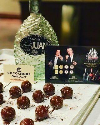 Our delicious Toltec truffles made with Number Juan tequila dark chocolate and sea salt in top.