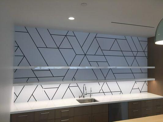 Custom printed and installed vinyl wallcovering in office kitchen.