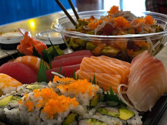 Our Poke Bowl and sushi/sashimi combo lunch special.