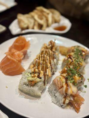 Gyoza, Salmon Sashmi, Crazy Roll, Torched Dragon Roll.