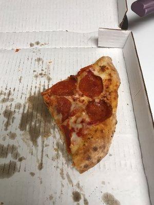 This is ONE slice of what should have been a SMALL round pepperoni pizza with extra cheese.