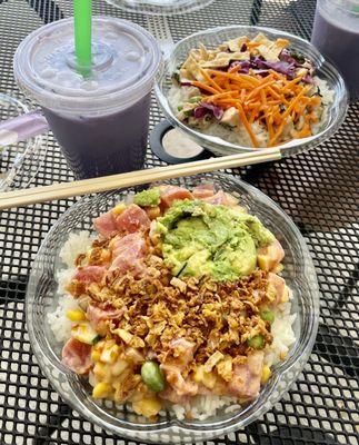 Custom Tuna Rice Bowl, Taro Bubble Tea with Lychee Bobba, Custom Chicken Rice Bowl