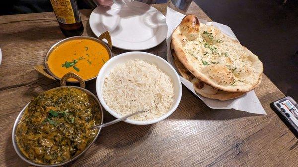 4*s Garlic Naan 4.99, Lamb Saag 17.99, Chix Tikka Masala 16.99, served with Basmati. 12-15-2022