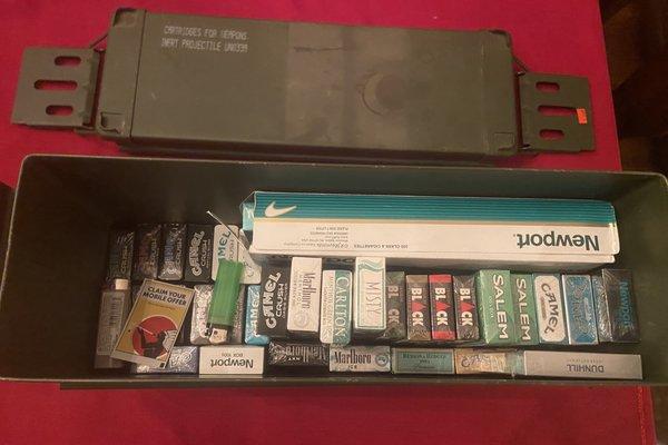 My ammo crate full of cigarettes that I collected with most of these coming from Discount Cigars and Cigarettes!