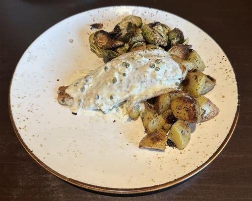 PAN SEARED BARRAMUNDI lemon garlic butter, roasted yukon golds, roasted brussel sprouts