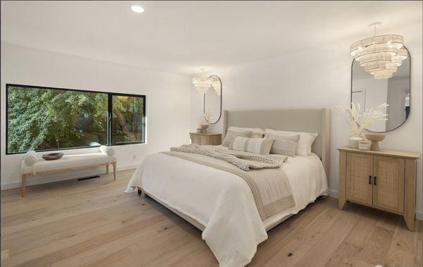 modern bedroom, hardwood floors.